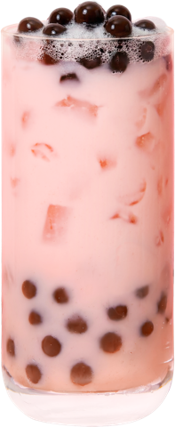 Strawberry Milk Tea — Creamy jasmine milk tea, juicy strawberry, chewy boba.